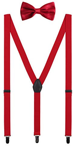 WANYING Herren Hosenträger Fliege Set - 3 Schwarz Clips Y Form 2,5cm Hochelastisch Hosenträger für Herren 150-200cm - Rot