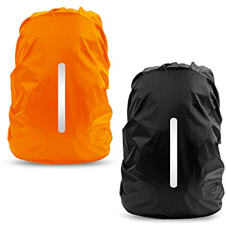 LAMA 2 Stück Regenschutz wasserdichte Regenhülle Schulranzen Regenüberzug Regenhaube Regenabdeckung für Rucksack Schulranzen Schultasche Wandern Camping Radfahren Reisen L 41L-55L Schwarz Orange