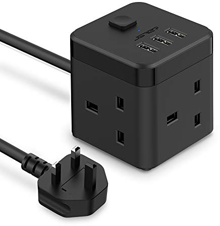 JSVER Cube Extension Lead with 3 USB Ports (5V/2.4A) 3 Outlet Power Strip with Switch Power Socket with 200cm Cable for Home, Office, Hotel, Travel -Black