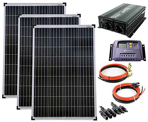 SET 3x 100W Poly Solar Modul 20A Laderegler gelb Spannungswandler 1500W modifiziert Kabel Stecker Komplettset Solarmodul Photovoltaik Inselanlage