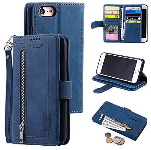 EYZUTAK Wallet Phone Case for iPhone SE(5G) 2022 iPhone 7 iPhone 8 iPhone SE 2020, Retro Matte 9 Card Holder Slots Zipper Pocket PU Leather Magnetic Closure Kickstand with Wrist Strap Case - Blue