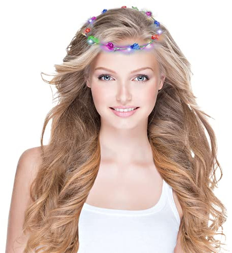 LED Blumenkranz Silvester Haarschmuck Blumen Stirnband Kranz Haarband Damen Blumendekor Kopfschmuck für Hochzeit Party Leucht (Bunt)