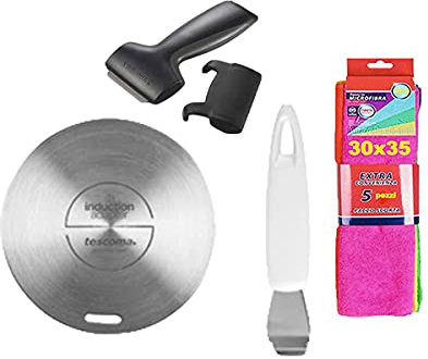FAMILY Set Tescoma Utensili da Cucina Adattatore Piano Cottura ad induzione e Raschietto più Confezione di 5 Panni in Microfibra