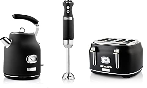 Westinghouse Retroline Frühstück-Set Schwarz, Toaster, Stabmixer & Wasserkocher, 1.7 Liter und Kalkfilter, Vier Schlitz Toaster mit Brötchenaufsatz, Stabmixer mit 4 Geschwindigkeitsstufen