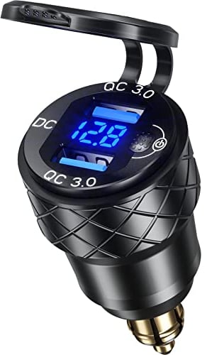 Kewig Aluminium DIN Hella Powerlet Plug Charger Motorcycle Dual Quick Charger 3.0 USB Charger Power Adapter with LED Display Compatible with ATV Street Bike Racing Bike Off-Road