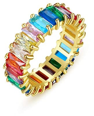 XKUN Goldene Farbringe Baguette Ring Für Frauen Männer Party Geschenk Charm Multicolor Regenbogen Zirkon Hip Hop Schmuck Schmuck-9,R033-G