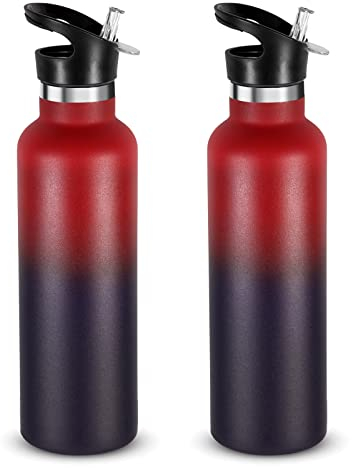 Volhoply 750ml Trinkflasche Edelstahl Zwei Packungen,Doppelwandig Vakuum Isolierte Thermosflasche mit Strohhalm,Metall Thermobecher FüR kinder, Sport, Schule, Outdoor(Rot-Lila Farbverlauf,2 Set)