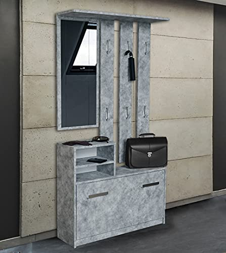 Oggi Irun Armadio da Ingresso con Specchio 85x160x24 cm Appendiabiti Scarpiera Armadietto Realizzato in Pannello Laminato da 16 mm Design alla Moda Minimalista Moderno Cemento