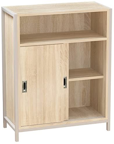 BAKAJI Meuble Bas bibliothèque, Design Moderne, Industriel, Structure en Acier et Bois MDF, Noyer avec 2 Portes coulissantes, étagère à Vue et 2 étagères intérieures 64 x 30 x 81 cm