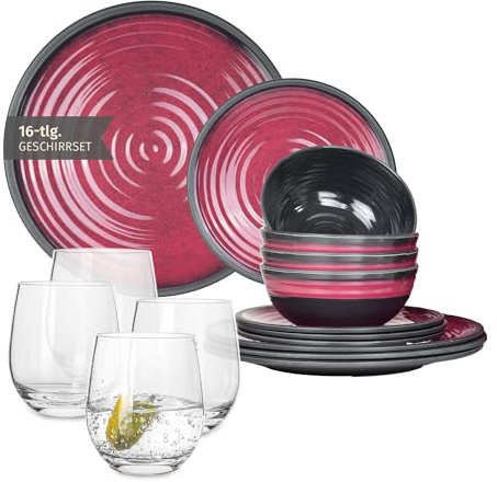 Melamin Camping Geschirr Set 4 Personen Stone Red + 4 Timo Gläser Wassergläser Tafelgeschirr Picknick BBQ Kochgeschirr