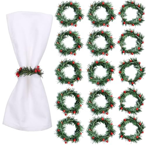 LATERN 20 Stück Weihnachts Servietten Ringes, Holly Berry Serviettenhalter Rustikale Serviettenschnalle Mini Kerzenkranz für Weihnachten Mittagessen Thanksgiving Party Urlaub Hochzeit Tischdekoration