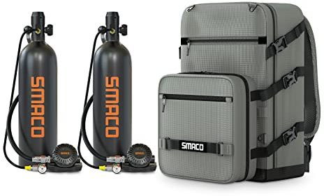 SMACO Mini Bouteille de Plongée 2L Petite Bouteille de Plongee (2 Pièces) Rechargeable Mini Bouteille d'oxygène Plongee 25-30 Minutes Bouteille Oxygene sous Marine Dispositif de Respiration