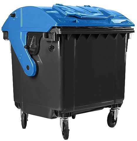 Hardwex Müllcontainer mit 4 Rädern mit Runddeckel, Deckel im Deckel, Müllgroßbehälter, Abfalltonne, Mülltonne, Volumen: 1 100 Liter, Farbe: Grau/Blau, Größe: 1 461 x 1 370 x 1 070 mm