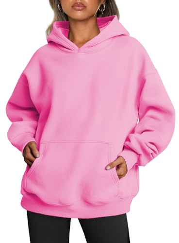 Famulily Damen Langarm Kapuzenpullover in Übergröße Trendy Solid Color Rundhalsausschnitt Vintage Pullover Sweatshirts Hot Pink S
