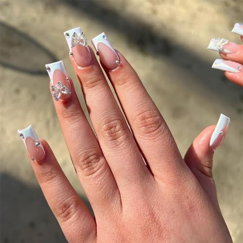 24pcs Medium Square False French White Tip Stick on Nails Rhinestone Butterfly Press on Nails Removable Glue-on Nails Acrylic Full Cover Fake Women Girls Nail Art Accessories