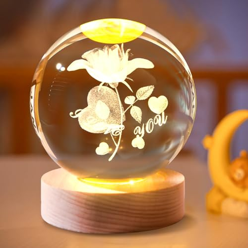 Geschenke Für Mama LED Kristallkugel Nachtlicht, LED Nachtlicht Kristallkugel Lampe mit Holz Sockel, 3D Dolphin Deko Licht, LED Rose Beleuchtung Herz Deko Geschenke Für Frauen,Valentinstag (Rose herz)