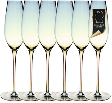 INTIRILIFE 6er Set Champagnergläser mit Regenbogen-Schimmer und Wellenform 200 ml – Sektgläser Prosecco Glas – Bleifreies Kristallglas Spülmaschinenfest Stoßfest – Elegant für Party Hochzeit Geschenk