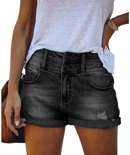 Pantaloncini casual in denim da donna, a vita alta, orlo sfilacciato, jeans estivi strappati, pantaloni corti da ragazza, pantaloni corti da donna