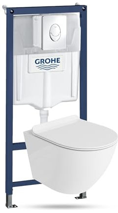 LAVITA Vorwandelement Solido Start + Wand Hänge WC Sofi One Weiß Spülrandlos + WC Sitz mit Absenkautomatik Verchromter Knopf Komplettset Unterputz Spülkasten Toilette Komplett Sett WC