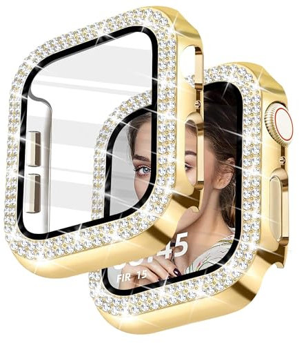 Newlibery Glitzer Diamanten Hülle für Damen, Kompatibel mit Apple Watch 41 mm, Hart PC Bumper Case mit HD Gehärtetes Displayschutz Folie für iWatch Series 7/8/9 - Gold 41mm