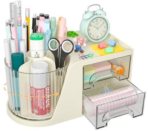 Smarpau Stiftehalter Drehbar Schreibtisch Organizer, 360° drehbarer Stifte Organizer Schreibtisch mit 2 Schublade, multifunktionaler Organizer für Stifte & Make-up Organizer für Schule Büro Zuhause