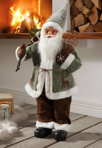 Dekoleidenschaft Dekofigur Santa 60 cm hoch, Deko-Weihnachtsmann mit Schneeschuhen & Geschenke-Sack, Nikolaus, Santa Claus Figur