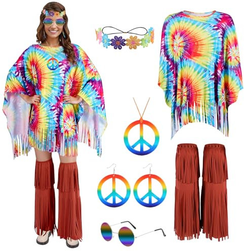 Puddry 60er 70er Hippie Kostüm Damen Set mit Hippie Poncho Damen und Hippie Accessoires, Hippie Kleidung Damen Kostüm,70er Jahre Bekleidung Damen Große, Disco Outfit karneval Fasching Kostüm Damen