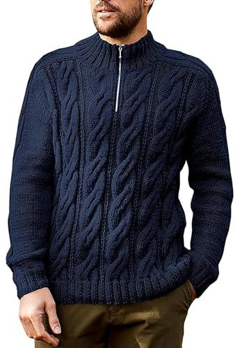 Jumpers for Men UK, Chunky Pullover Knitwear, Quarter Zip Knitted Jumper, Stand Collar Cotton Sweater Cable Knit Jumpers Casual Zip Up Sweater Autumn Winter Warm Solid Color Jumpers Navy