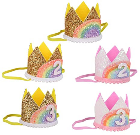 KOMBIUDA Hut zum zweiten Geburtstag Geburtstagskrone Partyhut für Babyjungen und -mädchen entzückende Regenbogenkrone Haarband Foto-Requisite weiße und regenbogenrosa Spitze 2 Stile