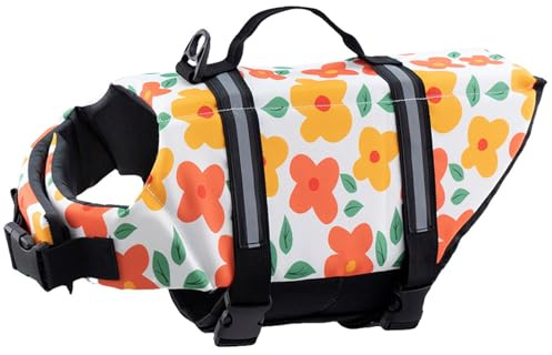 FANSU Gilet de Sauvetage pour Chien avec Poignée, Gilet de Sauvetage Réglable pour Chiens de Petite, Moyenne et Grande pour Sécurité de l'eau Plage, Piscine (XXL,Fleur Jaune)