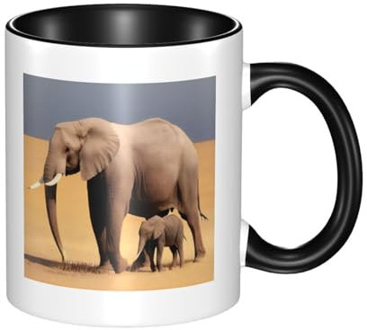 Graziose tazze con elefante africano, 325 ml, in ceramica bicolore, tazza da caffè e tè, adatta al microonde, perfetta per casa, ufficio e ristoranti