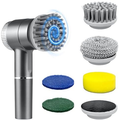 YATOSEEN Fregador Eléctrico Giratorio, Cepillo de Limpieza Eléctrico Inalámbrico, Resistente al Agua, Pantalla Digital de Potencia, 5 Cabezales Reemplazables y 3 Velocidades Ajustables