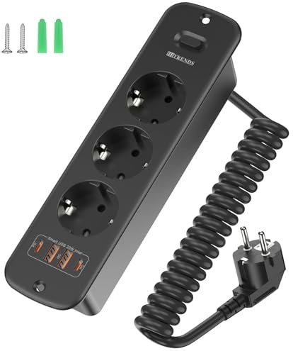 Versenkbare Steckdose 3-Fach mit 4 USB (2×USB-A + 2×USB-C) und Schalter, Einbausteckdose für Tischplatte mit 2m Spiralkabel, 4000W/16A, für Büro, Homeoffice und Küche - Schwarz