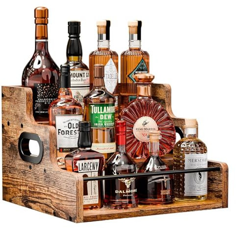 Wooden Liquor Cabinet, Liquor Bottle Display Shelf, Coffee Syrup Organizer, 3-Tier Countertop Wine Rack, Home Retro Shelf Stand for Mini Bar, Cabinet, Bar Essentials for Whiskey, Spirits
