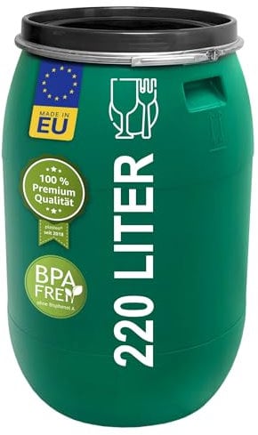 Das Plasteo® 220 Liter Weithalsfass mit Deckel und Spannring, HDPE, BPA-Frei, lebensmittelecht, vielseitig verwendbar als Lebensmittelfass, Futtertonne, Regentonne (Grün mit Spannring)