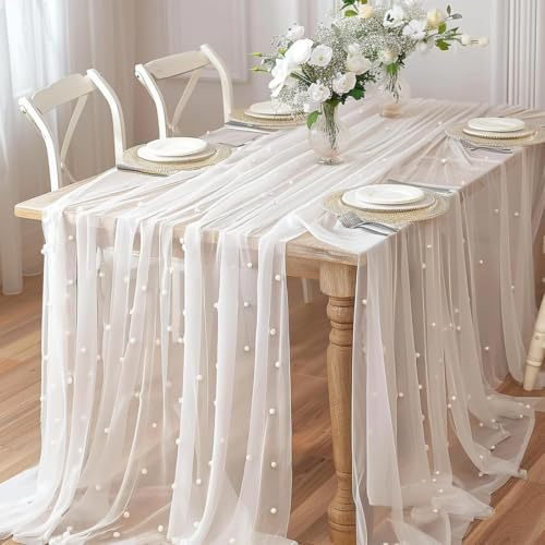 Tischläufer Tüll mit Perlen 80x300cm Tischdecke aus Perlenspitze Weiß | Chiffon Tischläufer Wiederverwendbar Hochzeitsdekorationen Geeignet für Brautpartys, Geburtstagsfeiern(Weiß)