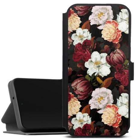 Handyhülle aus Leder schwarz kompatibel mit Apple iPhone 17 Pro Max Klapphülle mit Ständer Flip Case Trends Blumen Muster