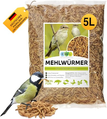 EWL Getrocknete Mehlwürmer 800g (5L) | Vogelfutter & Wildvogelfutter | Proteinreicher Insektensnack | Ganzjahresfütterung | Schonend getrocknet | Ideal auch für Fische, Wachteln, Igel & Reptilien