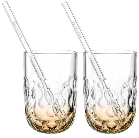 LEONARDO HOME GOCCE Caramel Macchiato Glas • 2 Latte Macchiato Gläser + Trinkhalme • LM Becher für Siebträger • Spülmaschinengeeignet • Tropfenstruktur • Matchaglas • Apricot • 390 ml • 077096