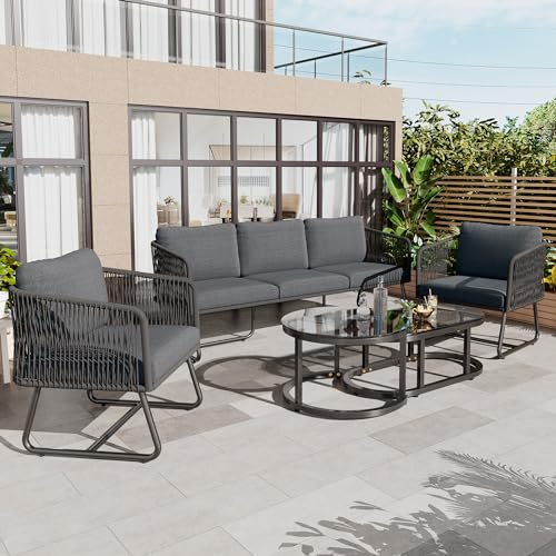 OKMYHOME Salon de Jardin 5 Pièces/Ensemble Mobilier de Terrasse - Canapé 3 Places avec 2 Fauteuils et Tables Basses, Structure Métal et Corde, Coussins Épais en Éponge - Gris