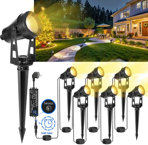 LAMPELIP Gartenbeleuchtung Mit Strom, 6er Pack/14M Gartenstrahler Led Außen Wasserdicht mit Zeitschaltuhr und Lichtsensor Funktion, 3000K Weiß 12V IP65 Strahler Außen für Gartenweg, Terrasse, Bäume