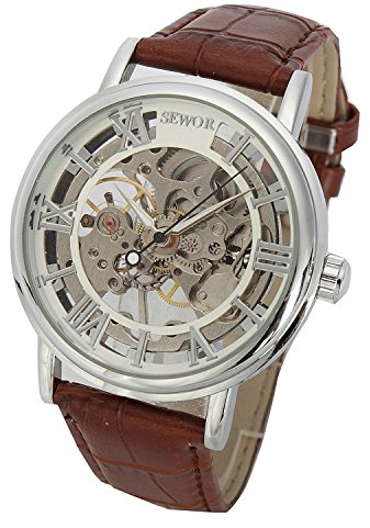 SEWOR Mechanische Skelett-Armbanduhr aus transparentem Leder im Vintage-Stil für Herren