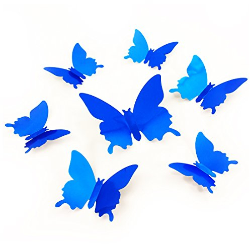 Oblique Unique 3D Schmetterlinge Blumen 12er Set Dekoration Wandtattoo (Blau Spiegelnd)