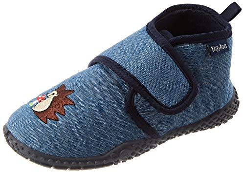 Playshoes Kinder Hausschuhe mit praktischem Klettverschluss, niedliche Hüttenschuhe für Mädchen und Jungen, blau mit Igel-Motiv 20/21 EU