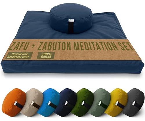 Bean Products Zafu und Zabuton Meditationskissen Set, Baumwolle, 100% Bio-Baumwolle oder Hanf, Bio-Buchweizen-Füllung, Navy, Round 14 Zafu + Zabuton