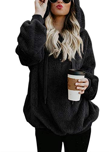 iWoo Kapuzenpullover Damen Langarmshirt Oberteile Hoodie Sweatjacke Teddy - Mantel Warm Flauschig Teddy-Fleece Pullover(Schwarz,XXL)