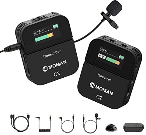 Moman Kabelloses Lavalier Mikrofon, C2 2.4G kabelloses Ansteckmikrofon 70m 8H für Online Klasse Vlog Live Stream YouTube für Kamera Smartphone Tablet
