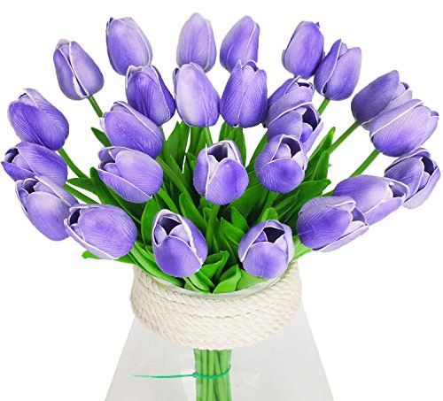 Veryhome Artificial Flowers Fake Flower Tulip Latex Material Real Touch for Wedding Room Home Hotel Party Decoration and DIY Decor (Purple-10Pcs, 10Pcs)