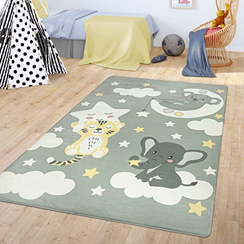 TT Home Tapis pour chambre d'enfant et bébé Koala, éléphant, nuages, étoiles, ciel, lune, couleur : gris, dimensions : 80 x 150 cm
