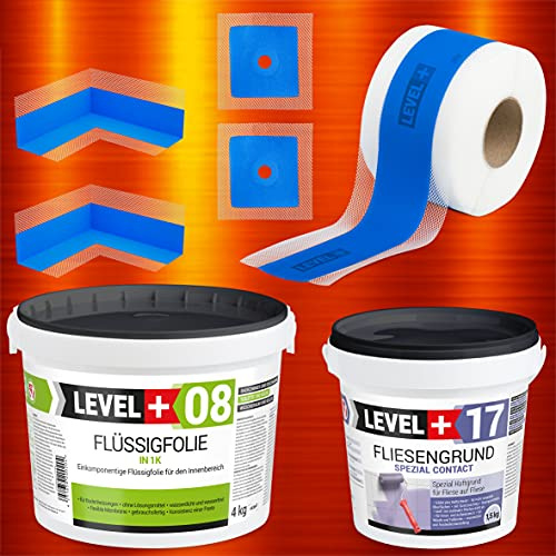 Dicht-Set 4Kg Flüssigfolie, 1,5kg Fliesengrund, 5m Dichtband, 2 Innenecken | 2 Wandmanschetten, Dusche, Bad, SET334